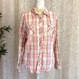 Vintage 90s dELiA*s Red Cream Plaid Button Down Shirt Size Boho Grunge Casual XL